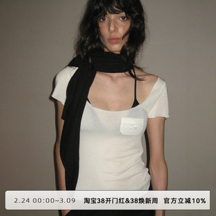 CLOUD WILD白云野边大u领短袖正肩修身百搭T恤女薄款透视上衣夏季