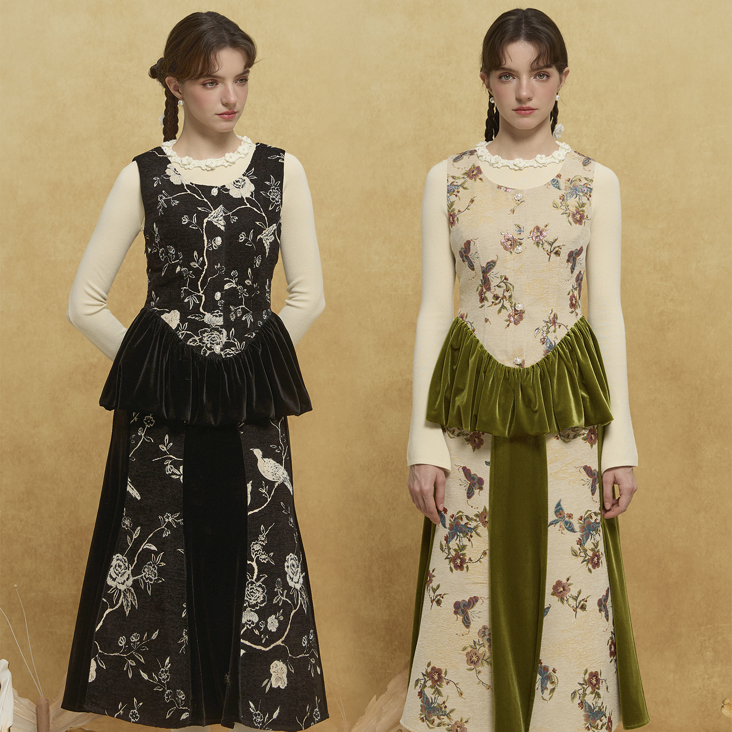 尾鸢录原创新品千金赫本风花间鸟提花丝绒拼接小上衣拼色收腰显瘦