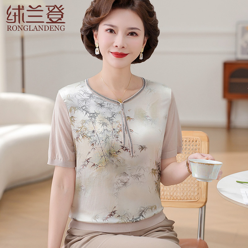 妈妈装夏装新款桑蚕丝t恤真丝短袖上衣中老年人女装中式针织小衫