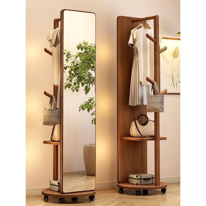 实木穿衣镜全身镜家用可旋转挂衣架落地镜收纳架加大卧室试衣镜子