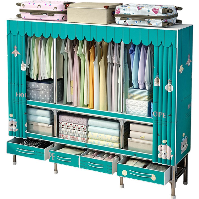 简易衣柜带抽屉家用卧室结实耐用布衣柜加粗加厚全钢架组装加高固
