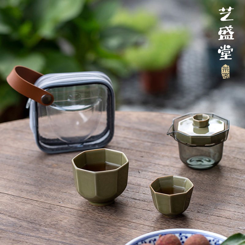 找工厂青瓷八方快客杯陶瓷盖碗玻璃茶海旅行茶具便携随行包随手礼