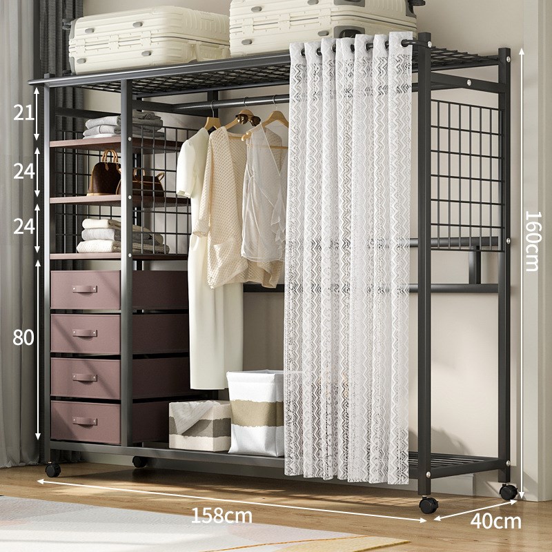 简易衣柜家用卧室出租房组合衣橱金属钢架衣柜带抽屉开放式衣帽架