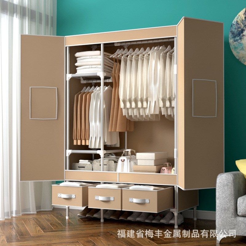 开门型简易布衣柜家用挂衣服布艺衣橱112CM配送3个收纳盒一件代发