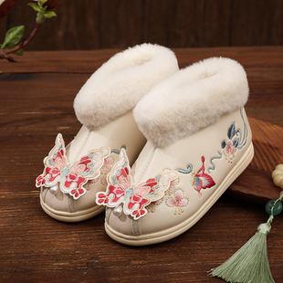 冬款皮面加绒女童汉服鞋加厚儿童绣花鞋中国风靴子防滑棉鞋拜年鞋