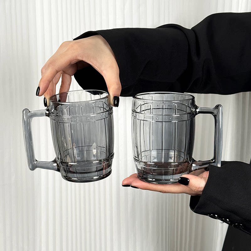 创意黑色带把玻璃杯扎啤杯果汁杯啤酒杯家用水杯饮品杯饮料杯