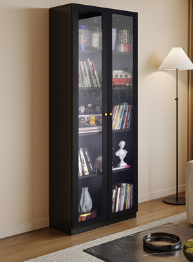 YDD中古风钢制书柜储物柜一体带门收纳书架玻璃门手办展示柜黑色