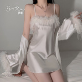 性感低胸毛绒拼接丝滑缎面简约吊带睡裙外袍女家居服套装