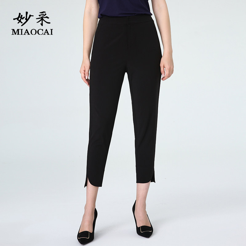 妙采MIAOCAI夏新款女百搭修身显瘦减龄妈妈装九分交口开叉小脚裤