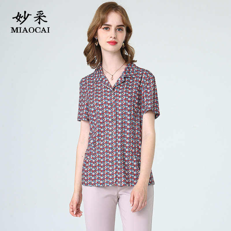 妙采MIAOCAI中老年短袖衬衫女时尚洋气夏季薄款开衫T恤上衣女潮