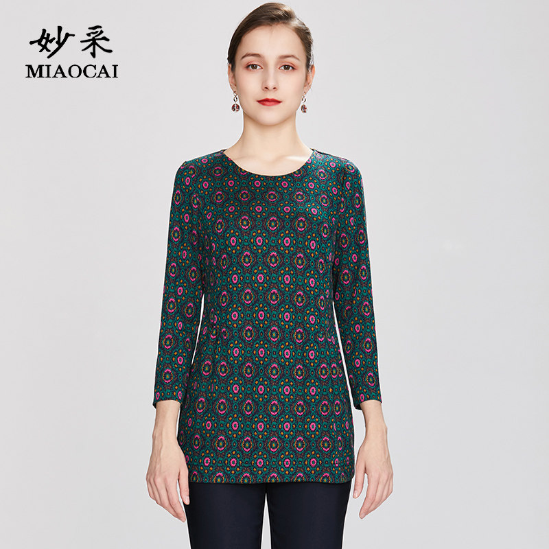 妙采MIAOCAI时尚打底衫妈妈装修身圆领中老年洋气韩版针织T恤女