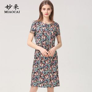 妙采MIAOCAI妈妈夏天裙子新款收腰显瘦中年连衣裙薄款印花妈妈装