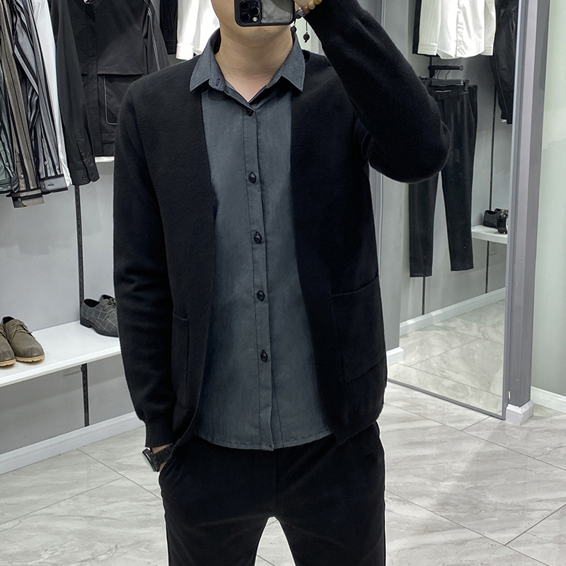 毛衣男2020秋季韩版潮流假两件衬衫打底开衫外穿修身休闲针织外套