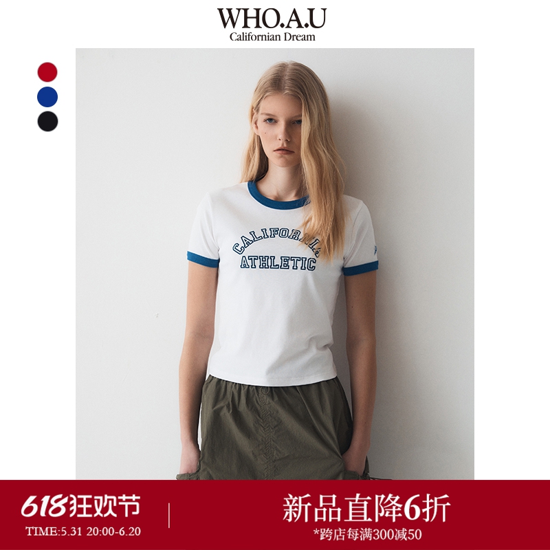 WHOAU官方正品2024年夏季新款女士刺绣休闲基础款T恤WHRAE2327F 女装/女士精品 T恤 原图主图