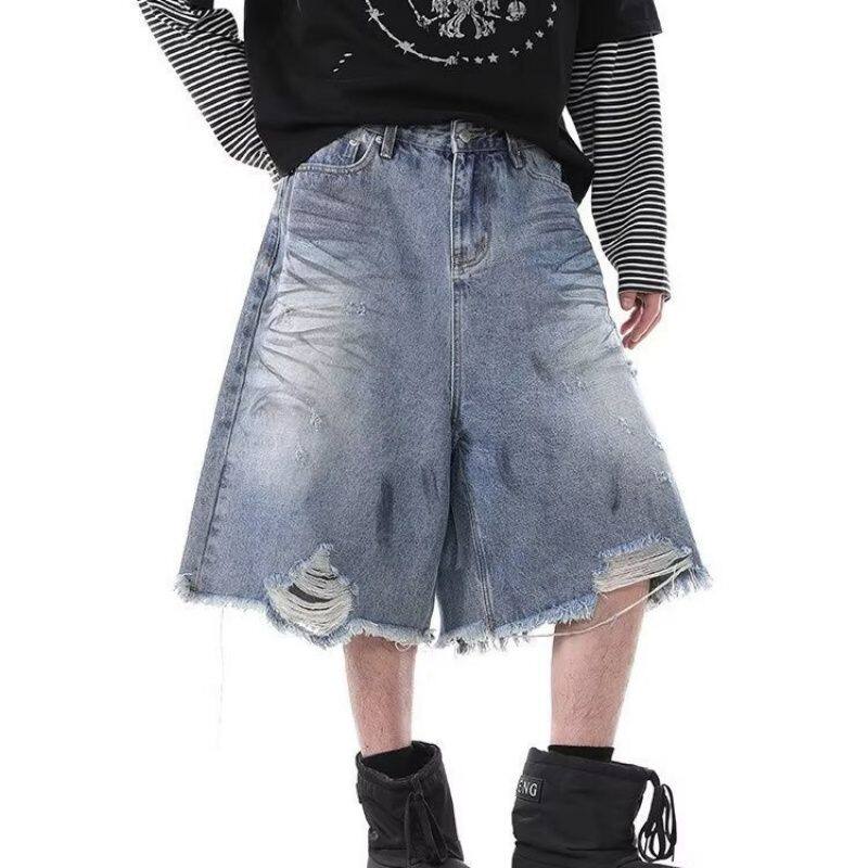 美式复古做旧破洞脏染阔腿牛仔七分裤夏季男女宽松休闲设计感短裤