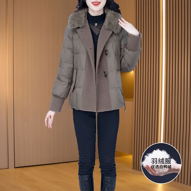 袖恩皮毛一体毛呢拼接羽绒服