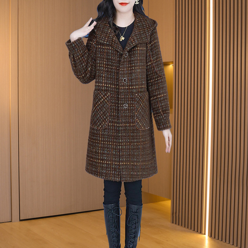 小香风毛呢格子大衣外套女2025新