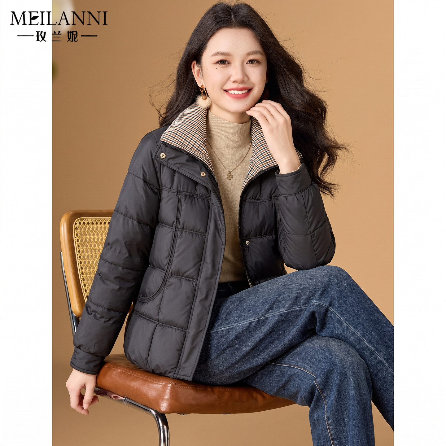 轻薄撞色格纹领棉服短外套高级感