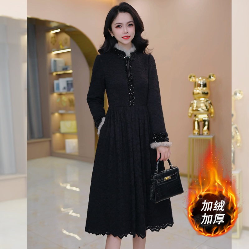 加绒加厚连衣裙女中长款冬季小个子喜妈妈高端婚宴礼服轻奢高级感