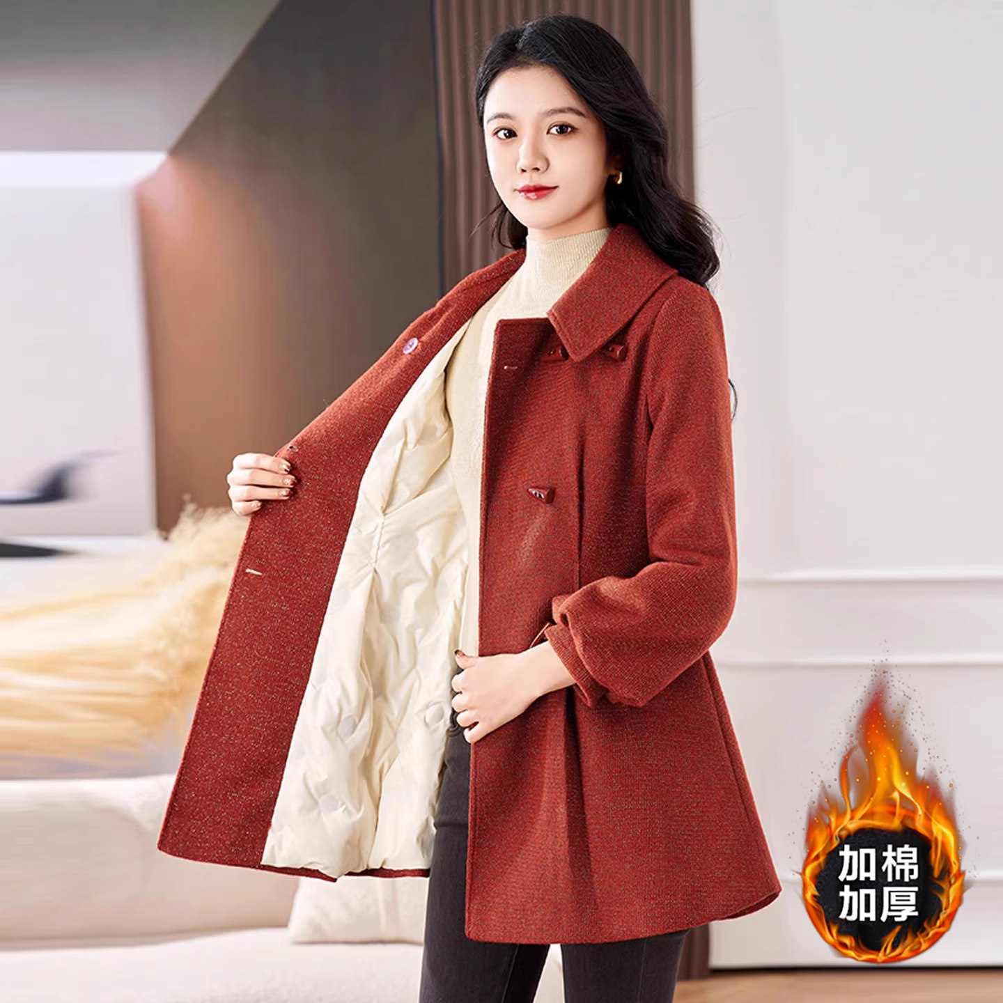 牛角扣红色小香风毛呢棉服外套女秋冬2026新款今年爆中长呢子大衣