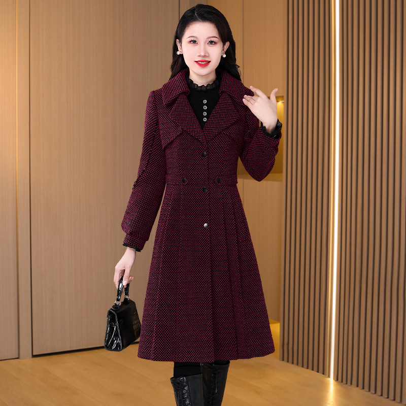 喜婆婆小香风红色毛呢大衣女2025