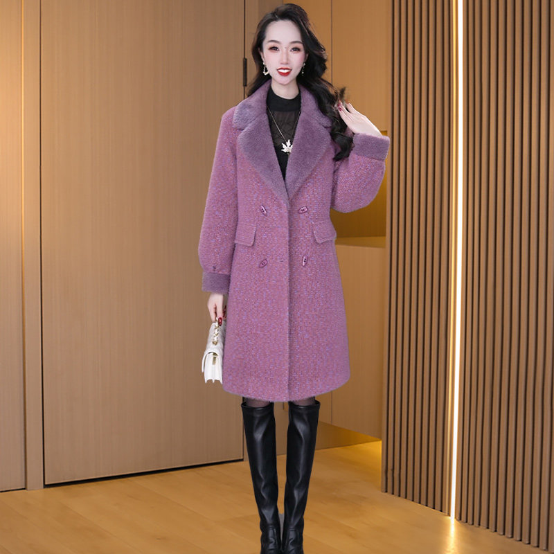 紫色毛呢大衣皮毛一体女中长款2026冬新款外套显瘦高级感呢子风衣