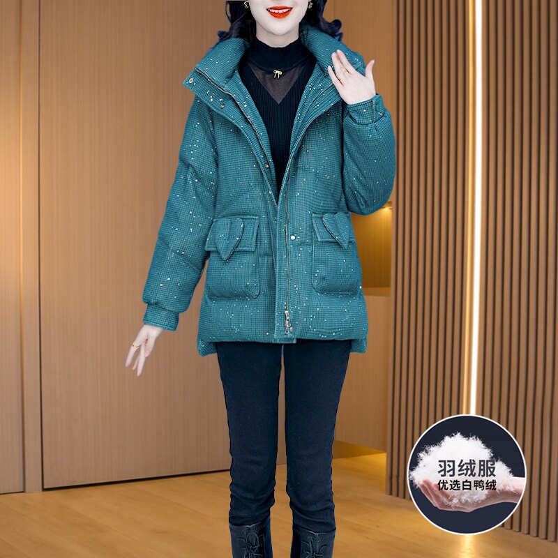 白鸭绒中长款棉服小香风时尚洋气