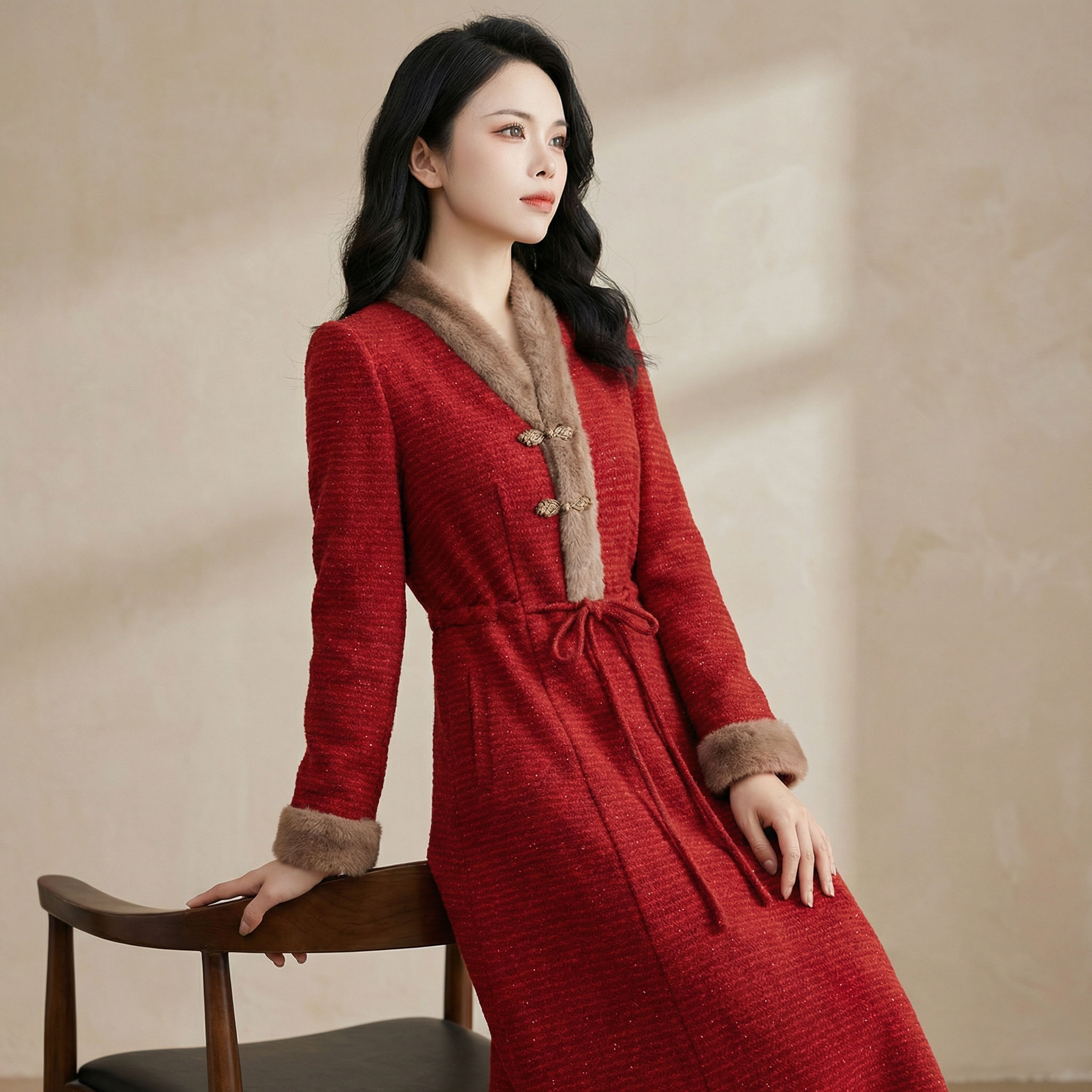 高端红色毛呢轻奢晚宴妈妈礼服裙