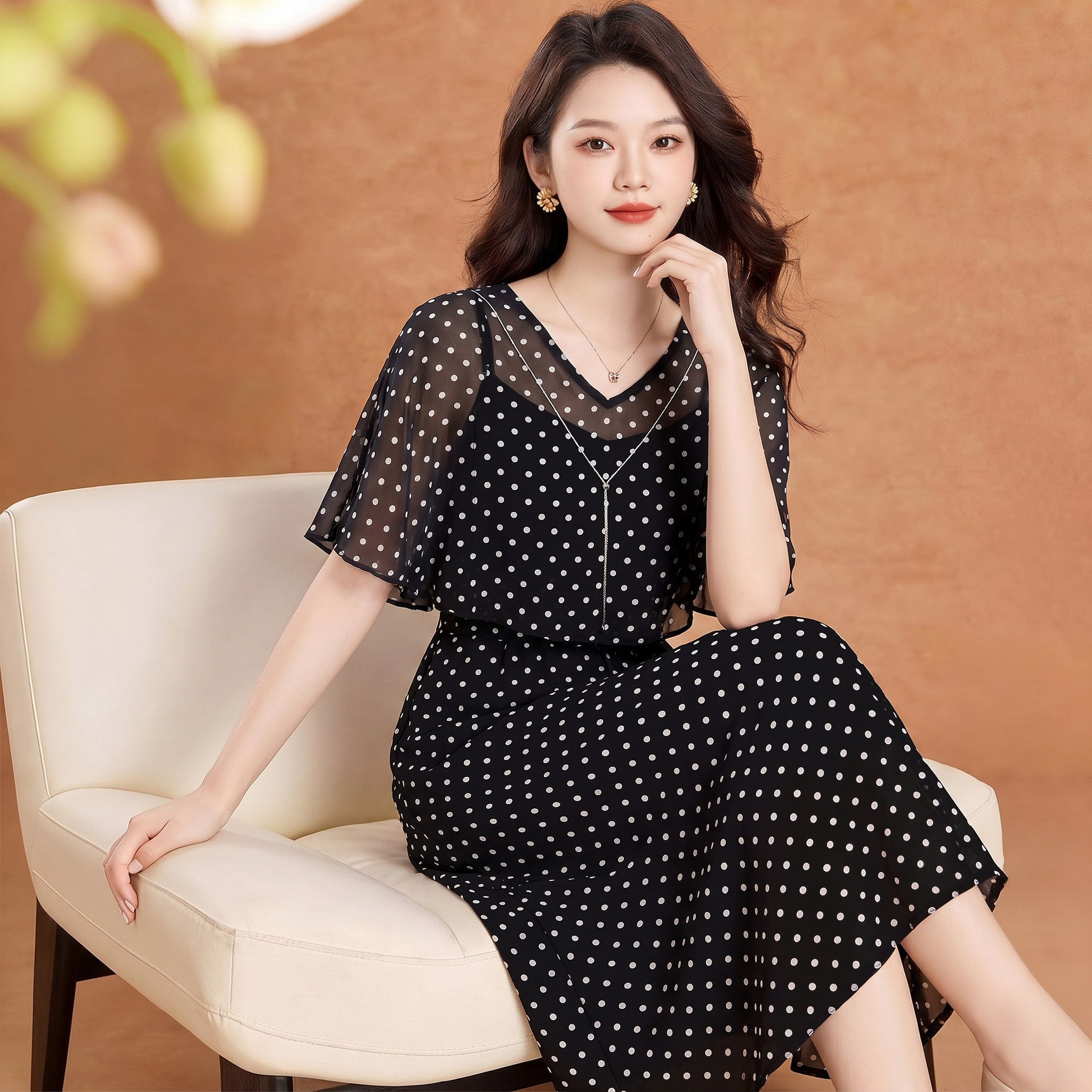 黑色广东广州十三行连衣裙女2026新款小个子高端品牌妈妈夏季波点