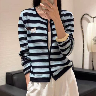 （清）圆领条纹撞色刺绣长袖针织开衫-T87（实物以直播间为准）