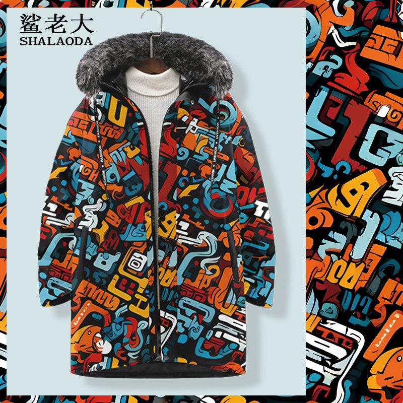 涂鸦印花羽绒服外套男秋冬加厚中长款连帽棉服oversize新款面包服