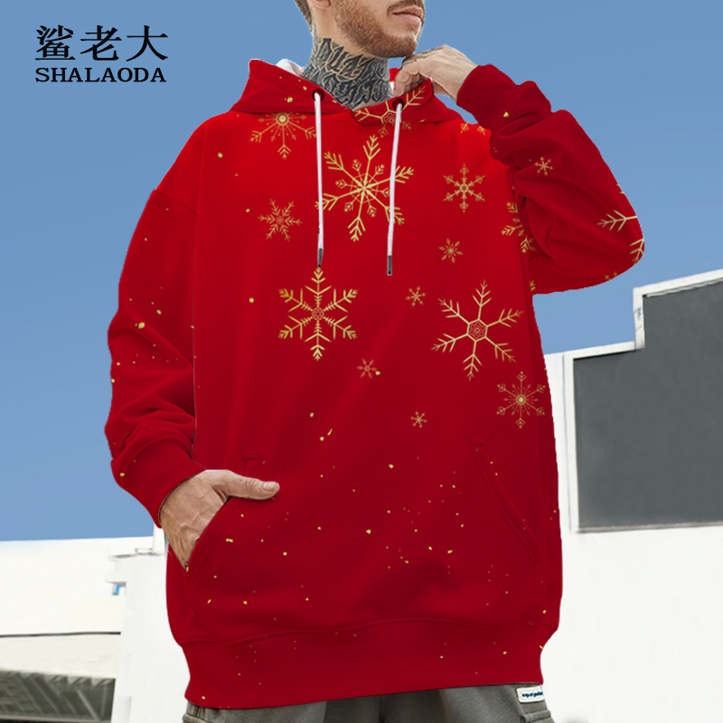 连帽卫衣外套男Christmas圣诞节红色氛围感套头上衣加绒大码衣服