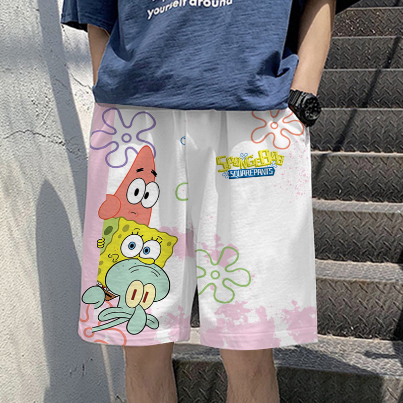 夏季二次元卡通印花短裤男生海绵宝宝周边五分裤休闲裤度假沙滩裤