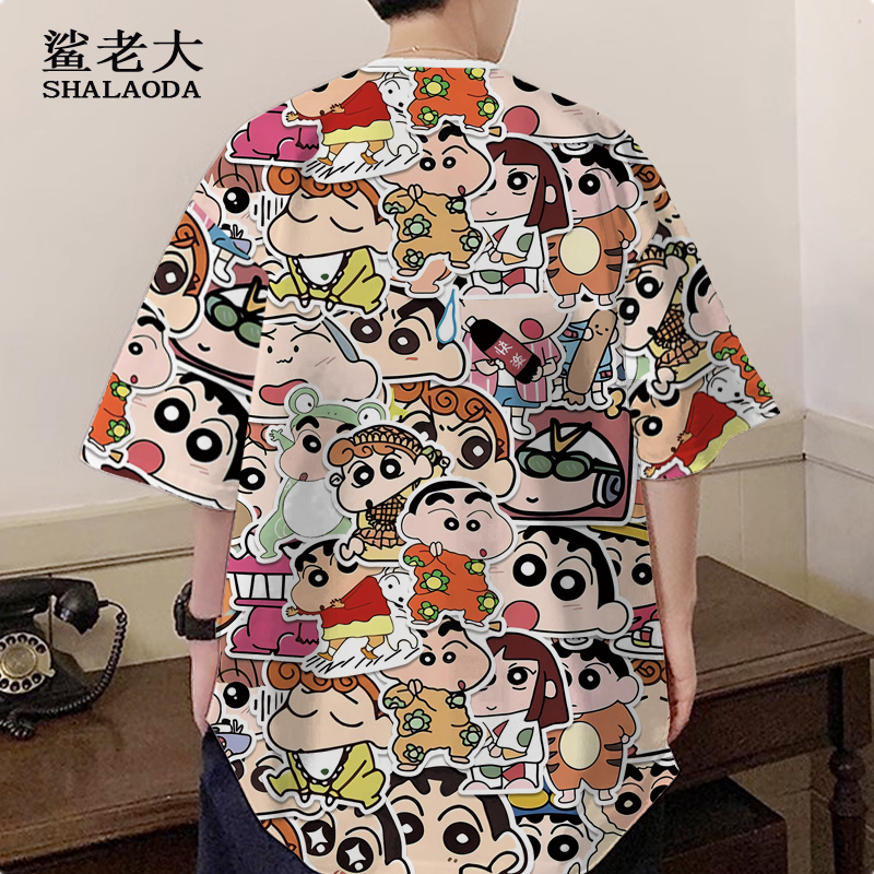 蜡笔小新动漫周边短袖T恤男夏季薄款落肩半袖卡通印花二次元痛衣