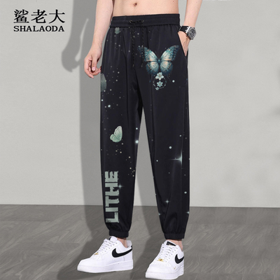 设计感小众束脚卫裤男蝴蝶印花运动休闲裤秋冬新款大码加绒长裤子