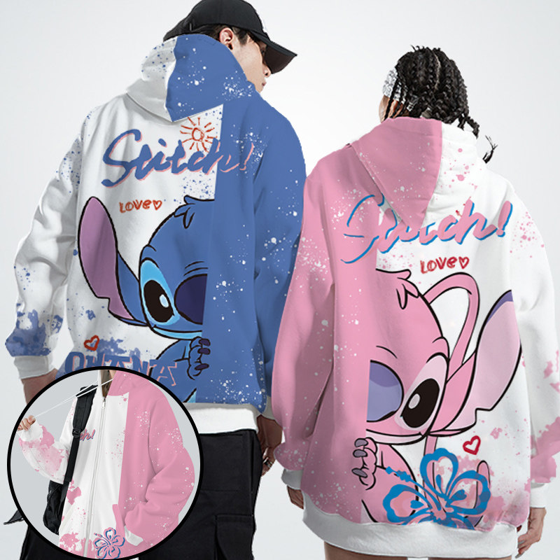 史迪仔联名卫衣男士开衫连帽外套情侣装动漫卡通印花衣服春季新款