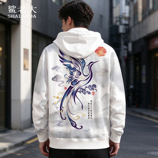 早秋百搭休闲卫衣外套男仙鹤印花新款连帽上衣大码加肥设计感衣服