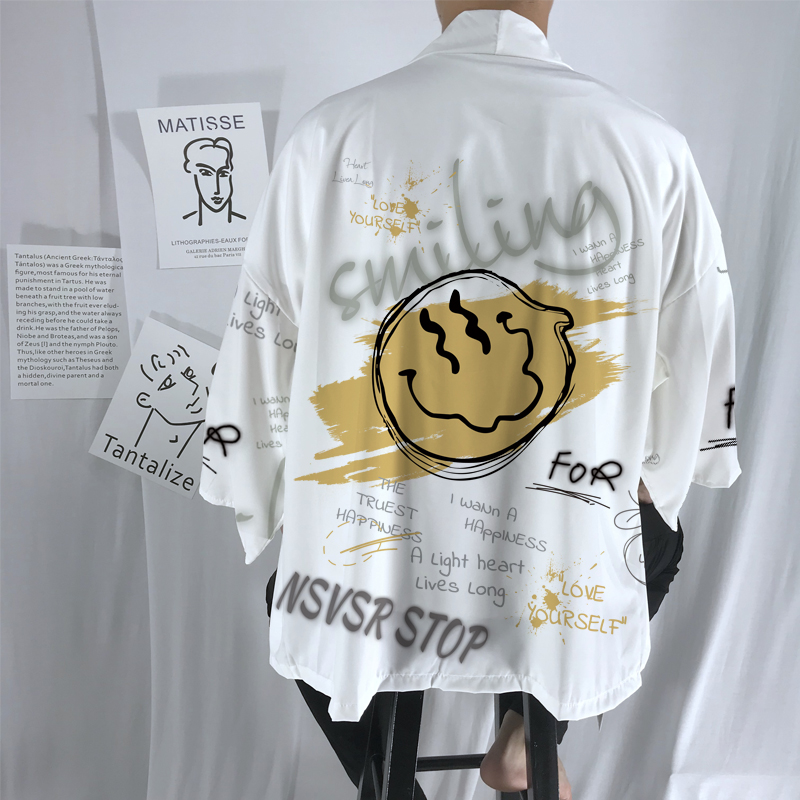 潮ins披风外套男笑脸涂鸦