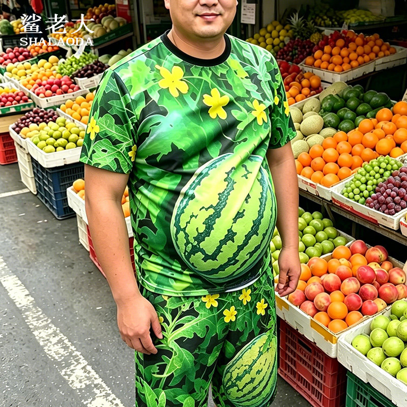 夏季爆款短袖短裤套装男水果西瓜3D印花落肩T恤大码加肥五分裤衩
