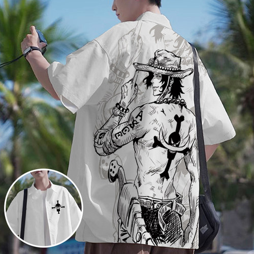 2025新款短袖衬衫男海贼王卡通印花痛衣oversize衬衫青少年薄外套