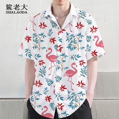 设计感小众短袖衬衫男夏季薄款仙鹤印花衬衣开衫大码加肥休闲上衣