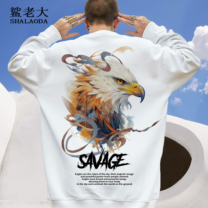 设计感小众圆领卫衣男潮牌老鹰印花外套冬季新款上衣大码长袖T恤