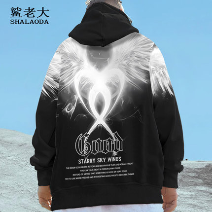美式复古连帽卫衣男秋冬ins潮牌小众设计感翅膀外套加绒加厚上衣