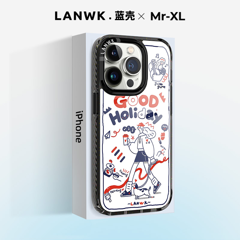 LANWK适用于iPhone14promax手机壳新款玻璃防摔苹果13pro高级感创意磁吸14pro保护套简约创意带硅胶快乐周末