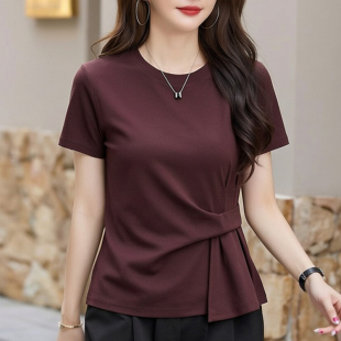 夏季 T恤女2026新款 宽松遮肚子洋气质女士上衣 设计感纯棉短袖 短款