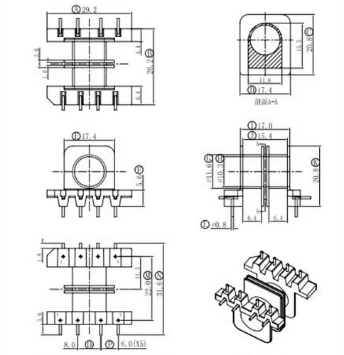 ER2828 EC28双槽骨架 L脚带外壳卧式4+4针 变压器材料