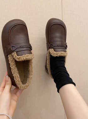 防滑孕妇鞋2025新款冬季软底加绒豆豆鞋毛毛鞋平底一脚蹬保暖棉鞋