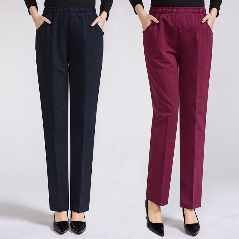 春秋季中老年女长裤子纯棉松紧高腰直筒妈妈休闲裤宽松冬款加厚裤