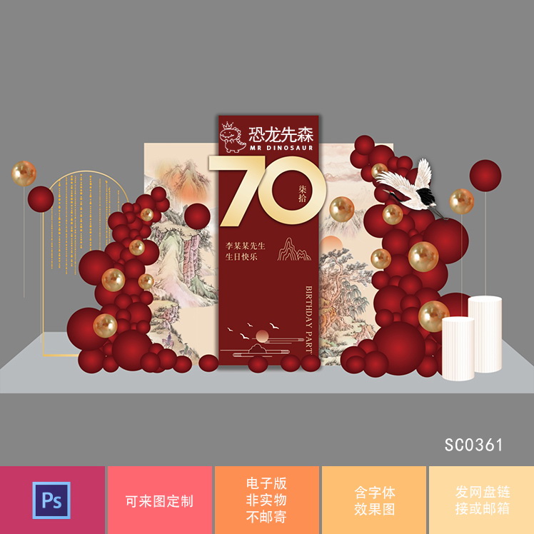 红色中式国潮寿宴背景设计70大寿80大寿生日90大寿素材psd