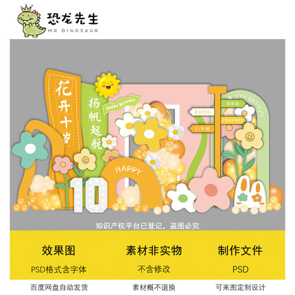 马克龙卡通花朵生日派对背景设计素材PSD可爱风10岁成长礼